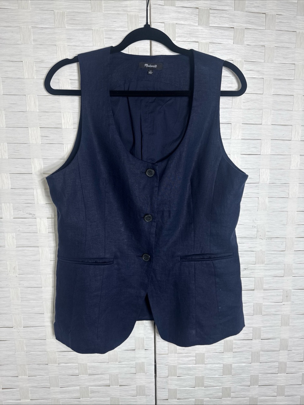Madewell Navy Linen, Tailored Sleeveless 3-Button, Waistcoat, Work Vest Size 12